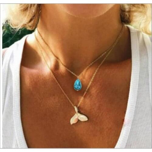Fashion Women Double Layered Water Drop Turquoises And Mermaid Tail Pendant Necklaces Gold Chain Jewelry Gifts S1971