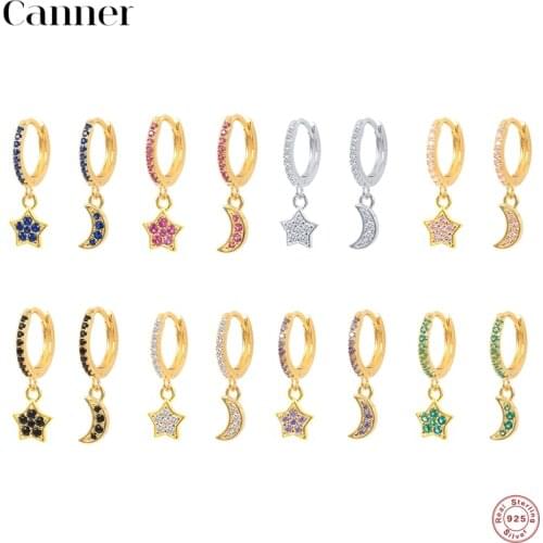 CANNER Luxury Moon Star Drop Round Hoop Earrings for Women Wedding Earrings Cartilage 925 Sterling Silver Pendientes Jewelry