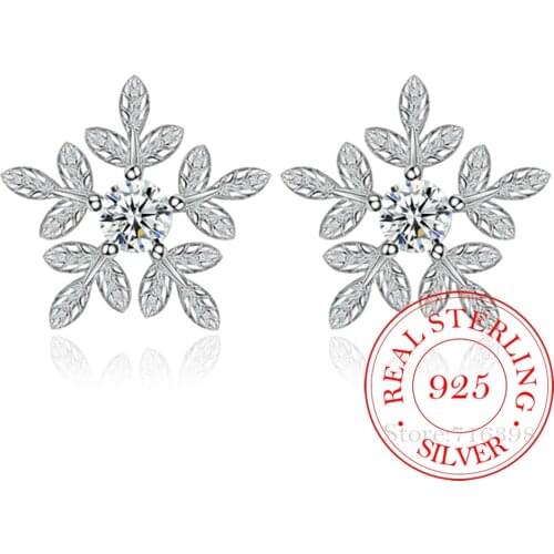925 Sterling Silver Hollow Snowflake Zircon Flower Stud Earrings For Women Christmas Gift brincos oorbellen