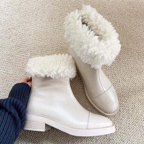 Mezereon Women Snow Boots Cow Leather Ankle Boots Real Fur Woman Winter Shoes Warm Wool Inside Winter Boots Ladies Botas