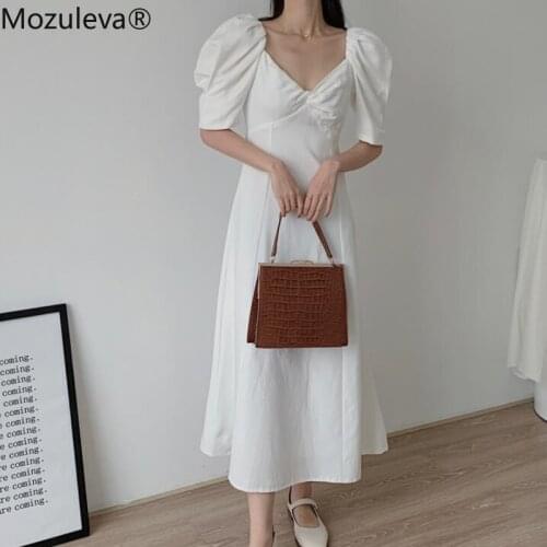 Mozuleva New 2021 Womens Summer Dresses V-Neck High Waist Chiffon Elegant Lace Up Korean Style Lady Wild Long Dresses