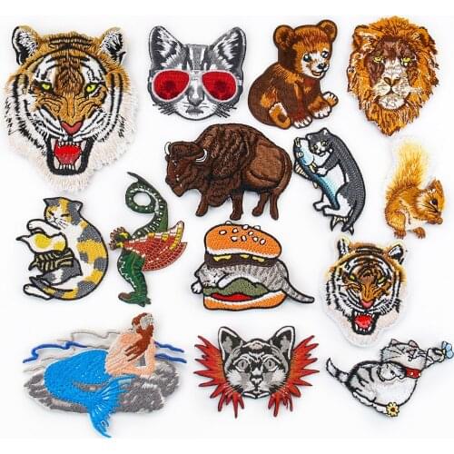 2PCS Animal Crossing Patches Dinosaur Tiger Lion Cartoon Cat Fabric Badge Embroidery Applique Iron on Patch for Clothes Stickers