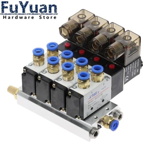 4Way 4V210-08 12V 24V 110v 220v Quadruple Pneumatic Solenoid Valve Muffler 4mm 6mm 8mm 10mm 12mm Quick Fitting Base Set DIY