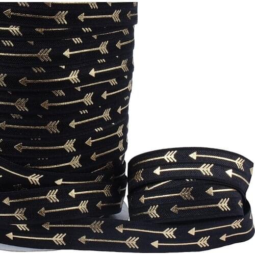 Free shipping black fold over elastic with arrow printed, 5/8" gold foil printed foe elastic ribbon
