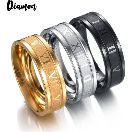 Diamon 4-8mm Stainless Steel Roman Numbers For Women Men Cubic Zirconia Hollow Wedding Band Round Black Finger Ring Jewelry