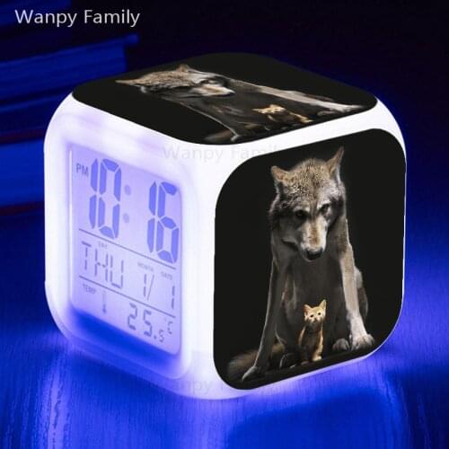Wolf and Cat Alarm Clock 7 Color Glowing LED Big Screen Digital Alarm Clock Kids Birthday Gift Multifunction Electronic Clock