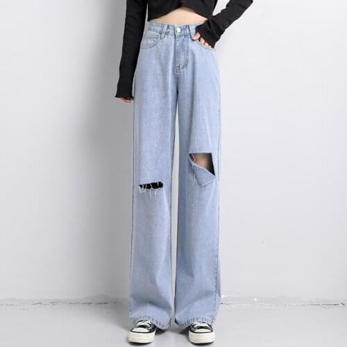 High Waist Jeans Women Streetwear Straight Jean Loose Destroyed Hole Denim Mopping pants Casual Vintage Wide leg Jeans Trousers