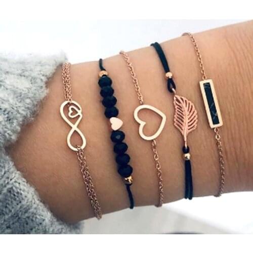 5 Pcs Set Bohemian Black Rope Gold Multilayer Chain Bracelet Set for Women Leaves Heart Crystal Bead Charm Bangle Boho Jewelry