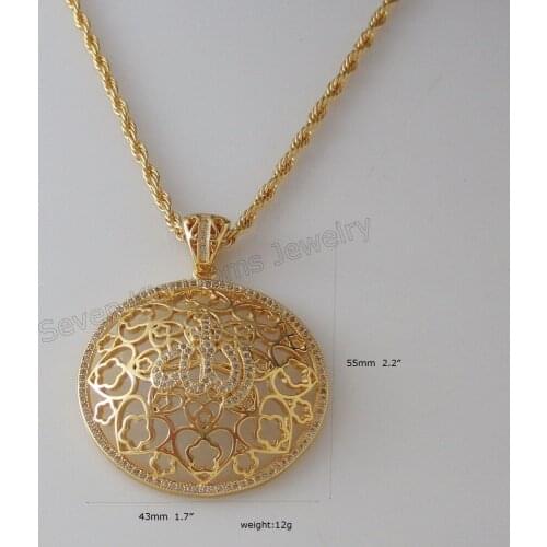MIN ORDER 1PCS/- YELLOW GOLD GP DUBAI GOLD 24" ROPE NECKLACE & MUSLIM ALLAH GOD MANY MICRO INSERT STONE IN ROUND SHAPE PENDANT