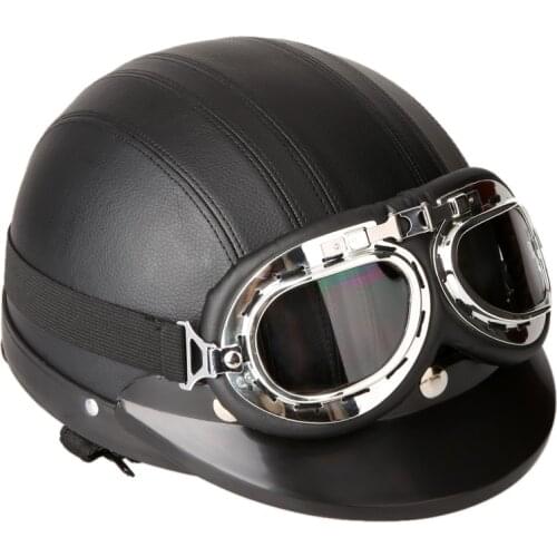 Motorcycle Helmet Motorcycle Scooter Open Face Half Leather Helmet with Visor UV Goggles Retro Vintage Style Motocross Helmet