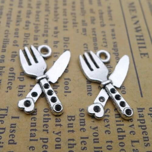 20pcs/Lot 21x15mm Antique Silver Color Knives And Forks Charms Pendant For Jewelry Making DIY Jewelry Findings