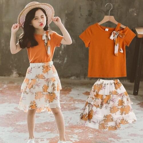 4-9 Years Children Girls Clothes Set O-Neck T-Shirt + Flower Print Skirts Summer Fashion Cotton Outfit Kids Girls Clothes Suit