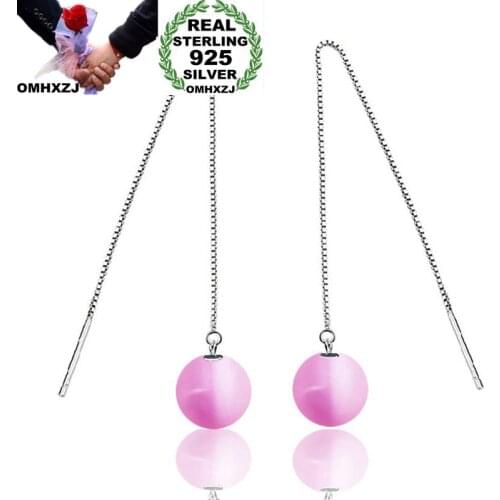 OMHXZJ Wholesale Personality Fashion OL Woman Girl Party Wedding Pink Opal Ball 925 Sterling Silver Earrings Ear Line YE375