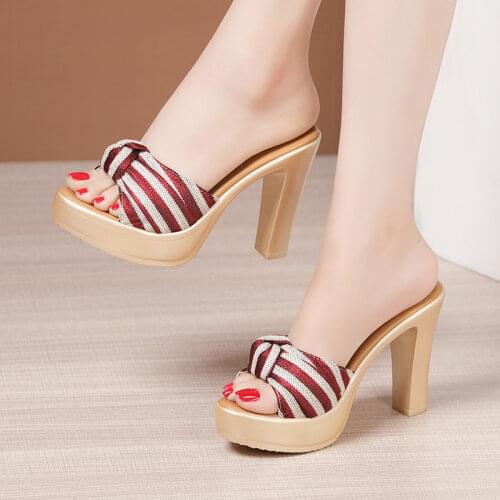 Big Size 32-43 Open Head Bow Stripe Slides Women Shoes Sumer 2021 High Heels Slippers Ladies Office Beach Slippers