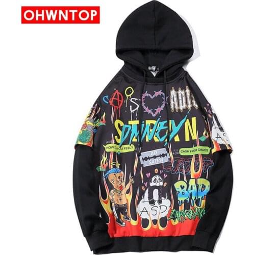 Men Hip Hop Hoodie Sweatshirt Graffiti Cartoon Letter Printed Hoodie Casual Black Hooded Pullover Cotton Aweatshirt Streetwear