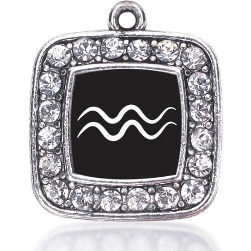 AQUARIUS ZODIAC SQUARE CHARM ANTIQUE SILVER PLATED JEWELRY