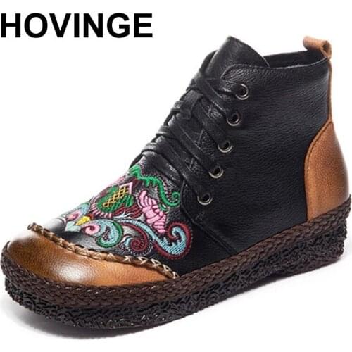 HOVINGEFlower Ankle Shoes Women Genuine Leather Boots Autumn High Top Sneakers 2021 Winter Warm Fur Snow Boots Black Casual Shoe