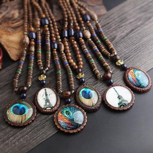 Nepal Jewelry Handmade Wood Beads Eiffel Tower Long Chains Vintage Necklace,new Design Peacock Feather Pattern Ethnic Necklace