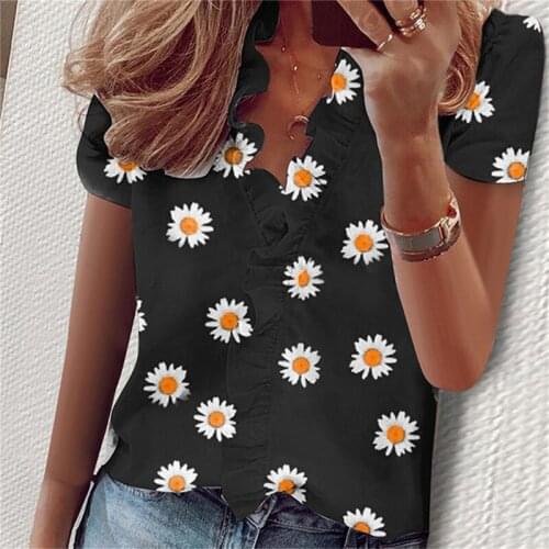 Women Shirt Printed Floral Shirt Elegant Ruffles Decor Blouse Heigh Quality Short Sleeve Shirts For Ladies