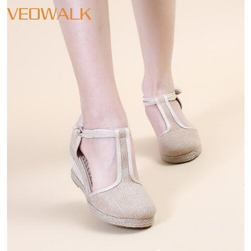 Veowalk T-Strap Close Toe Women Linen 6cm Wedge Espadrilles Sandals Summer Ladies Comfortable Casual Plain Heeled Platform Shoes