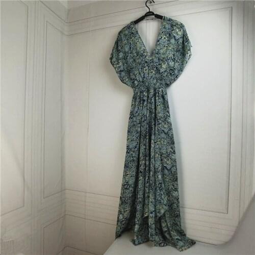 Women Floral Print V-Neck Split Midi Dress Retro Batwing Sleeve Elastic Waist Fashion Ladies Backless Mid-Calf Robe 2021 New