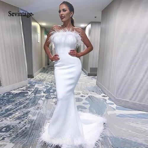 Sevintage Simple White Mermaid Feather Women Evening Dresses Strapless Satin Long Formal Party Gown Prom Dress Robe De Soiree