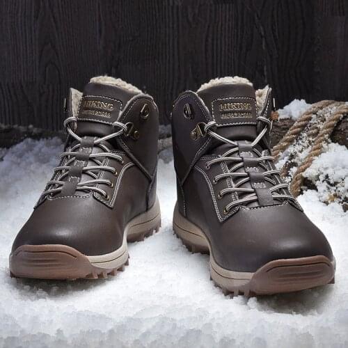 Winter Warm Ankle Boots for Men Leather Fur Plush Snow Boots Mens Outdoor Shoes with Fu Casual Shoes Sneakers High Top Non-slip