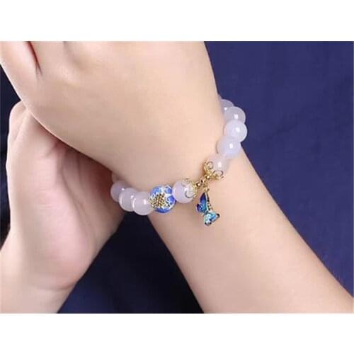 10mm Beads White Agates natural stone Crystal from Swarovskis bracelet women accessories metal butterfly pendant tasbih jewelry