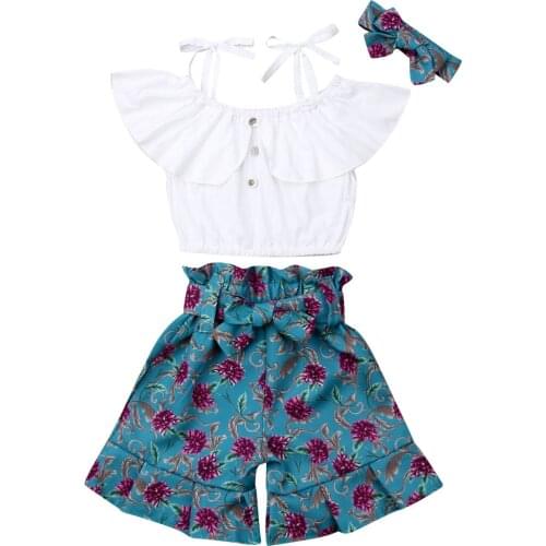 3pcs/set Toddler Kid Girls Clothes Set White Ruffles T shirt + Flower Bow Pants + Headband Outfits Kid Costumes 2019 NEW