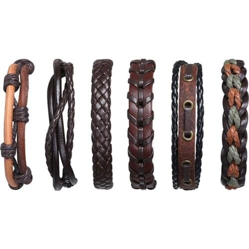 6 Pieces Set Woven Retro Personality Multilayer Leather Suit Mens Bracelet Fashion Punk Braided Adjustable Bangle Gift