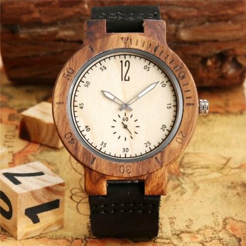 Leisure Nature Wood Clock Luminous Hands Mens Bamboo Watch Quartz Analog Display Arabic Number Dial Black Leather Strap Reloj