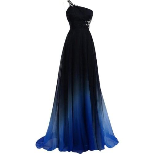 Black Gradient Color Prom Dresses Long One Shoulder Ombre Chiffon Evening Gowns Pleated Crystal Dress vestidos de fiesta