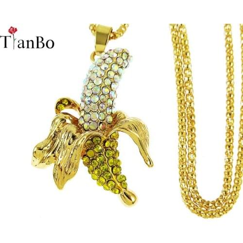 TianBo Zircon Full Crystal banana Long Necklace Sweater Chain Fashion Metal Chain Crystal Flower Pendant Necklaces Adjusted