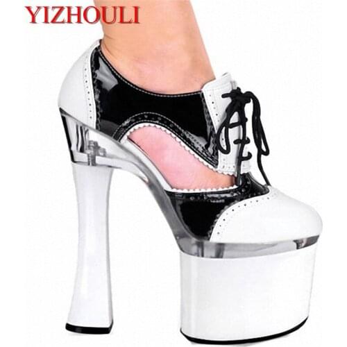 Classics Black/White Womens Single Shoes 18CM Thick High-Heeled Shoes sexy Platform Shoes 7 Inch Ankle Strap color block Pumps