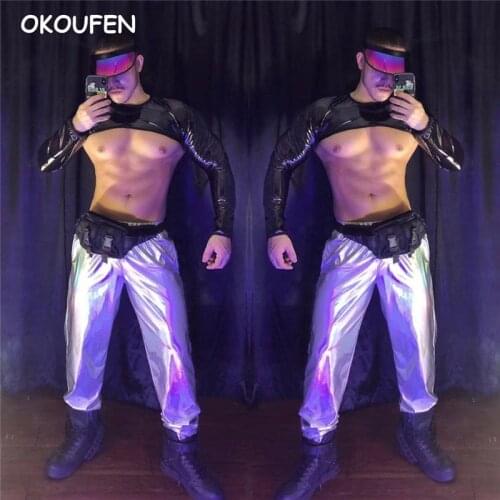 Nightclub Bar Future Warrior Suit DS Costume New Sexy Men GOGO Silver Patent Leather Clothing set Stage show dance outfit