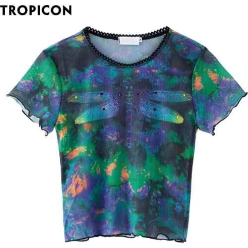 TROPICON Dragonfly Tie Dye Mesh Crop Top Women 2020 Summer T Shirt Short Sleeve Tshirt Gothic Tee Fashion Tops Aesthetic Clothes