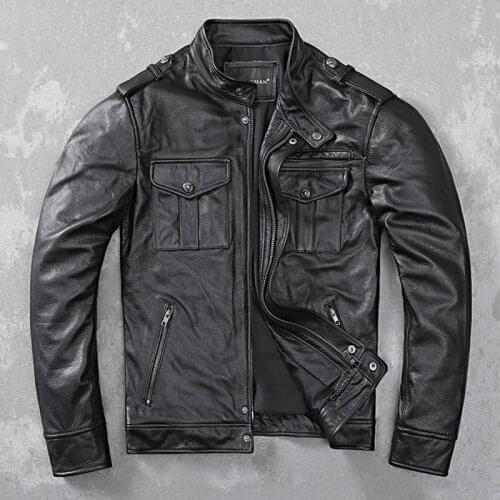 Genuine Leather Jacket Men Casual Slim Black Motorcycle Cowhide Leather Jacket Mens Leather Coat Clothes Plus Size 5XL