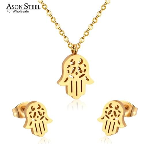ASONSTEEL Stainless Steel Gold/Silver Color Jewelry Sets Hand Shape Pendant Necklace Earrings Jewelry Sets for Party Girls
