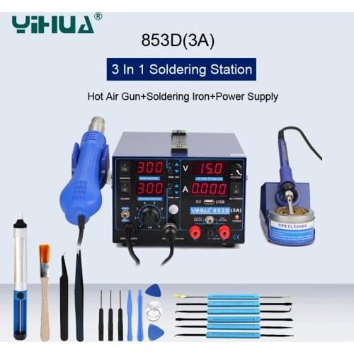 YIHUA 853D 3A 3 In 1 Hot Air Gun USB Soldering Station SMD DC Power Supply Rework Stations Heat Gun Phone Repair Soldering Iron