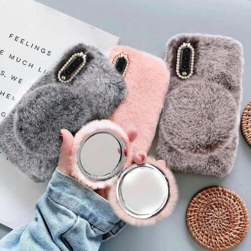 Pepmune Luxury Cute Mirror Fur Fluffy Case For Samsung Galaxy A70 A40 A30 A20 A10 Women Winter Warm Soft Cover For Samsung A50