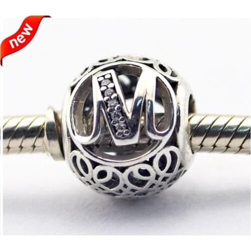 Fits for Pandora Bracelets Alphabet M Charms with Clear Cubic Zirconia 100% 925 Sterling Silver Beads Free Shipping