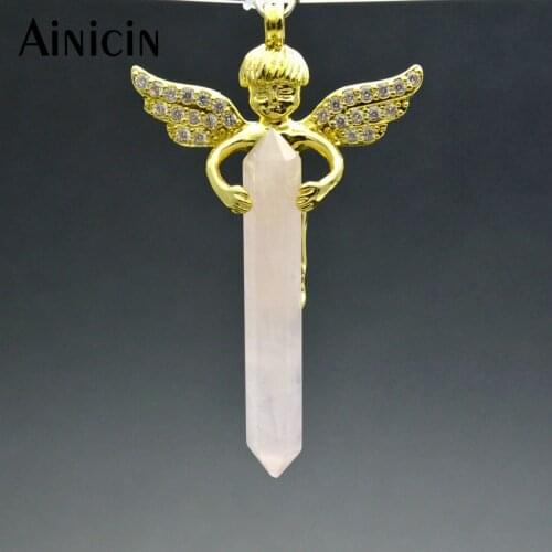 Natural Rose Stone Crystal Pointed Sky Angle Cupid Shape Pendant With 18'' Rubber Chain Necklace Fashion Childrens Jewelry