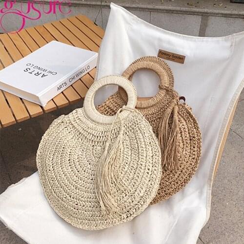 Gusure Summer Casual Woven Beach Straw Handbag Women Handmade Rattan Shoulder Bags Travel Totes Ladies Vacation Shopping Bag