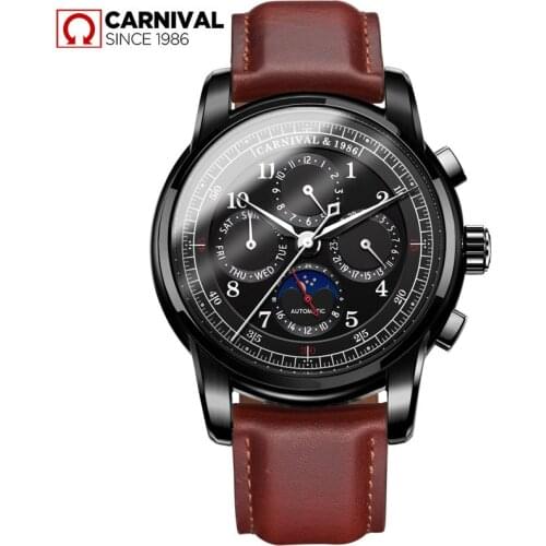 Carnival Luxury Brand Automatic Mechanical Watch Men Multifunction 24 hours calendar week month Sports Military Waterproof Watch