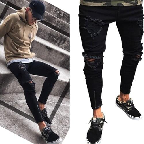 Ripped feet pants mens stretch trousers new European and American mens tight jeans light color