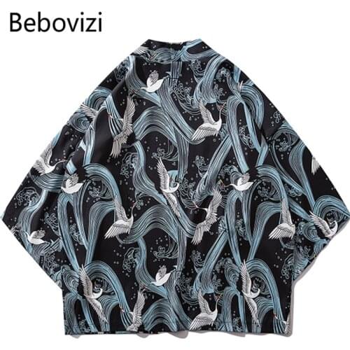 Bebovizi 2019 Streetwear Japan Ukiyo E Crane Printed Kimono Harajuku Japanese Retro Style Casual Thin Coats Men Cardigan Jackets