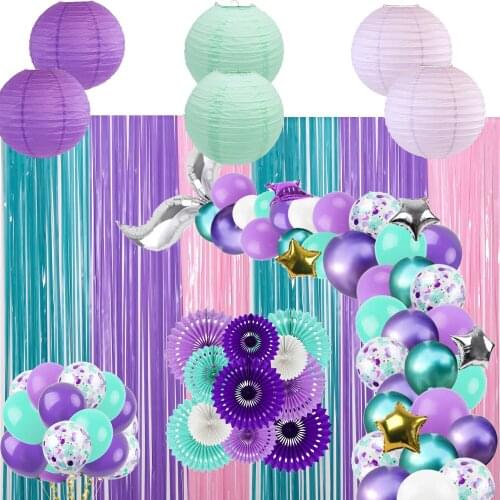 Mermaid Theme Party for Wedding Babyshowers Birthday, Paper Lanterns Poms Flower Balloons Curtain for Kids Girls Birthday Decor