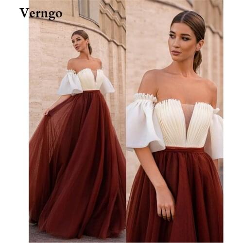 Verngo Elegant A Line Draped Organza Long Evening Dresses Strapless Removable Sleeves Dark Wine Red Tulle Skirt Prom Gowns