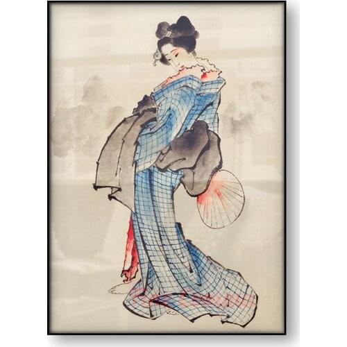 Japanese Art Poster Woman Holding Fan Wearing Kimono with Check Katsushika Hokusai Ukyio-e Japanese Canvas Print Wall Art Decor