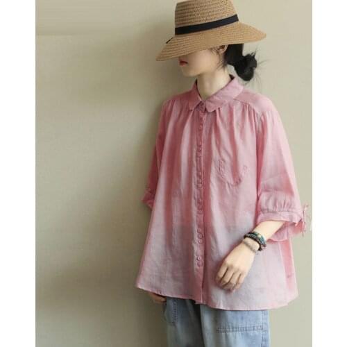 Casual Shirts Turn-Down Collar Single-Breasted Cotton Blouse Plus Size Summer New Arts Style Women Half Sleeve Loose